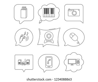 Smartphone, web camera and USB flash icons. Headphones, piano and photo camera linear signs. Computer, music center icons. Linear Speech bubbles with icons set. Comic chat balloon. Vector