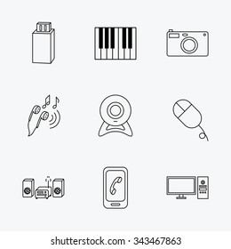 Smartphone, web camera and USB flash icons. Headphones, piano and photo camera linear signs. Computer, music center icons. Linear black icons on white background.