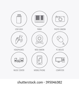 Smartphone, web camera and USB flash icons. Headphones, piano and photo camera linear signs. Computer, music center icons. Linear colored in circle edge icons.