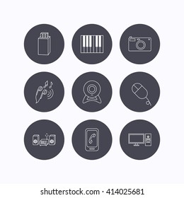 Smartphone, web camera and USB flash icons. Headphones, piano and photo camera linear signs. Computer, music center icons. Flat icons in circle buttons on white background. Vector