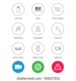 Smartphone, web camera and USB flash icons. Headphones, piano and photo camera linear signs. Computer, music center icons. Video cam, hazard attention and internet globe icons. Vector