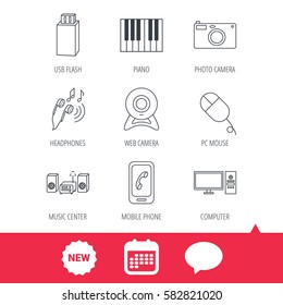 Smartphone, web camera and USB flash icons. Headphones, piano and photo camera linear signs. Computer, music center icons. New tag, speech bubble and calendar web icons. Vector