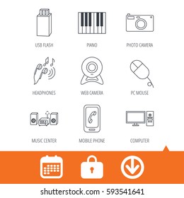 Smartphone, web camera and USB flash icons. Headphones, piano and photo camera linear signs. Computer, music center icons. Download arrow, locker and calendar web icons. Vector