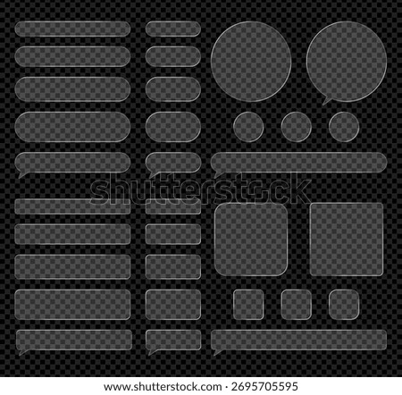Smartphone and Web liquid glass UI icons and frames on dark background. Glowing lines form square and circular banners. Widget layouts for app and web interface control centers. Vector illustration
