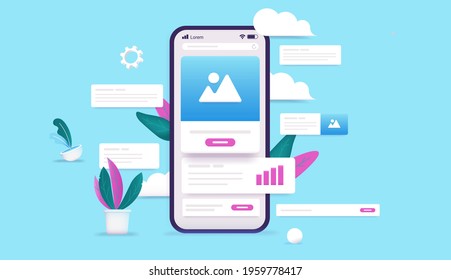 Smartphone with website elements - Abstract vector illustration of mobile phone with various user interface objects.