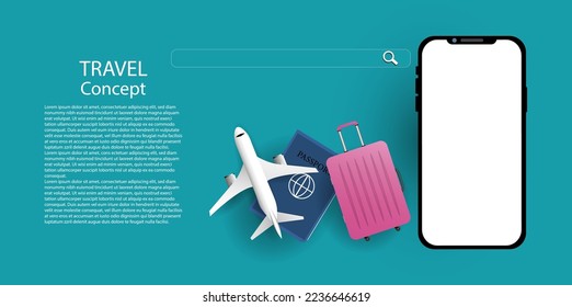 Smartphone with White Airplane pink luggage passport search engine on blue background coppy space for text Vector illustration,Business Travel summer holiday Concept