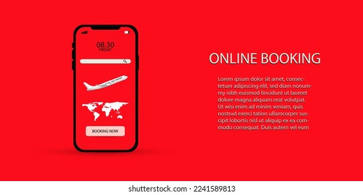 Smartphone with white airplane searching  information ,online booking on website on read background ,vector illustration,Technology Business travel holiday summer Searchengine booking online Concept 