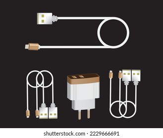 adaptador de carga blanco para smartphone conjunto de imágenes vectoriales e icono gráfico con fondo negro