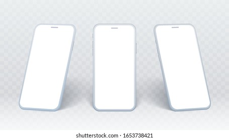 Smartphone white clay set. Mobile phone collection in different angles and in perspertive point. Isolated device on transparent background with empty screen for showing ui design or website.