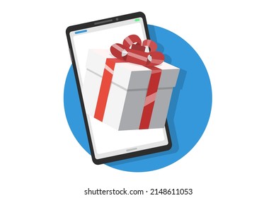 Smartphone with white gift box on blue circle background. Online shopping concept. Flat design style illustration.