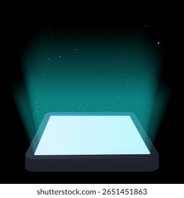 Smartphone com uma tela branca brilhante. Exibição de computador ou tablet. Telefone celular 3D brilhante com tela em branco no fundo preto. Tela luminosa brilhante do dispositivo de gadget de vetor realista