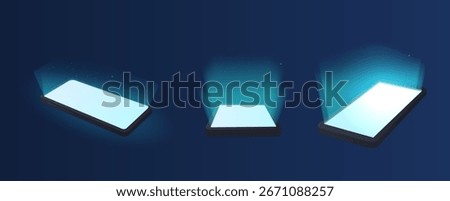 Smartphone with white glowing screen view from different angles. Glowing 3D mobile phone, tablet display with blank screen. Realistic vector gadget device luminous display