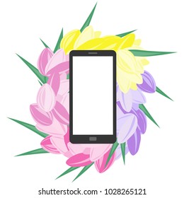 Smartphone with white isolated screen in spring or summer flowers. Pink, purple and yellow tulips with green leaves surround a smartphone. Vector smartphone with flowers isolated on white background.