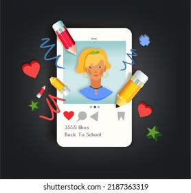 The smartphone is white, the screen is a boy girl. 3d pencils, heart, cross, squiggles, asterisks.Social network page with photos. Likes, comments, posts.School online.