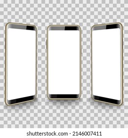 Smartphone white screen display realistic mock up. Isolated mobile phone on transparent background. Template graphic vector illustrator.