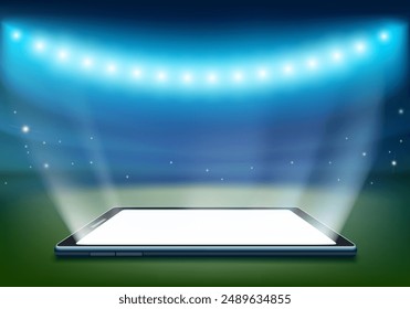 Smartphone with white screen on the background of football stadium. Stock vector illustration