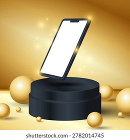 A smartphone with a white screen on a black round podium surrounded by gold balls of various sizes and sparkles on a golden background