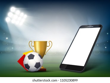 Smartphone with white screen on soccer field. Ball with yellow and red cards at the stadium. Stock vector illustration.