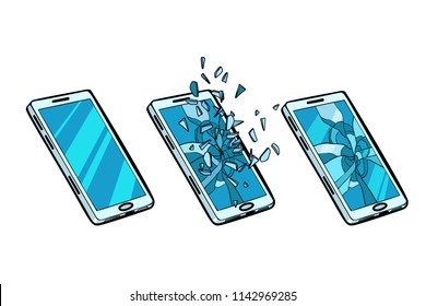 Smartphone whole, cracked glass and the phone is broken. Pop art retro vector illustration kitsch vintage