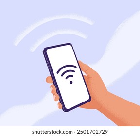 Smartphone con el símbolo de Wi-Fi en la pantalla. Teléfono móvil en mano buscando conexión WIFI disponible. Concepto de Internet inalámbrico. Acceso gratuito a hotspot a través del teléfono. Ilustración vectorial plana.