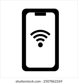 Smartphone with Wi Fi symbol on screen. Mobile phone in hand searching available WIFI connection. Wireless internet concept. Free access to hotspot through telephone.