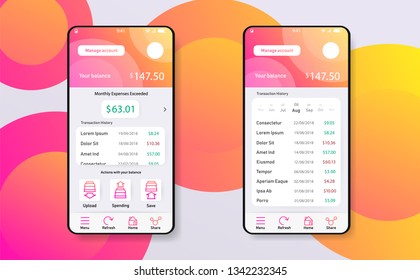 Smartphone widjet mobile app user interface desing  finance money planning app. UI, UX, GUI web style, minimalistic flat gradient halftone desing. Vector illustration. Eps 10.
