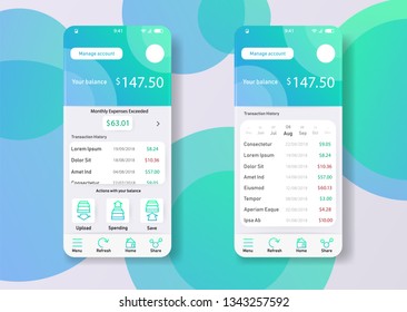 Smartphone widjet mobile app user interface desing  finance money planning app. UI, UX, GUI web style, minimalistic flat gradient halftone desing. Vector illustration. Eps 10.