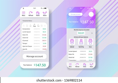 Smartphone widjet mobile app user interface desing finance money planning app. UI, UX, GUI web style, minimalistic flat gradient halftone desing. Vector illustration. Eps 10. Vector.