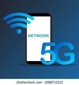 Smartphone mit Wifi,5G-Symbol, Vektorgrafik Hochgeschwindigkeits-Internet, einzeln auf blauem Hintergrund, Vektorgrafik EPS10