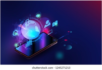 Smartphone wifi appliances via internet ,Vector futuristic Smart home technology controlling protection system With space for content,web- template, business tech presentation security controls