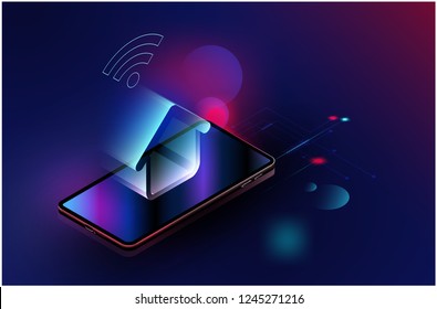 Smartphone wifi appliances via internet ,Vector futuristic Smart home technology controlling protection system With space for content,web- template, business tech presentation security controls