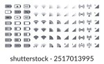 Smartphone wifi and battery icons. Mobile phone indicators, battery charge levels, 5G and wifi signal strength icons flat vector illustration set. Network wireless symbols