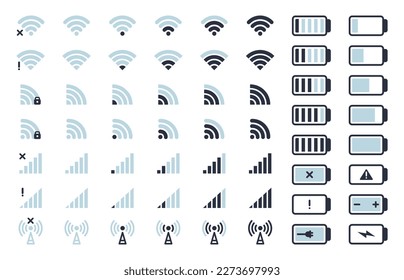 Smartphone wifi and battery icons. Mobile phone indicators, battery charge level, 5G and wifi signal strength flat vector illustration set. Wireless network symbols