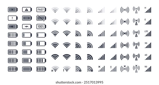 Smartphone wifi and battery icons. Mobile phone indicators, battery charge levels, 5G and wifi signal strength icons flat vector illustration set. Network wireless symbols