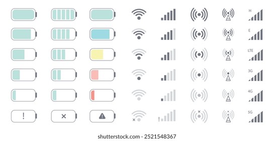 Smartphone wifi and battery icons. Mobile phone indicators, battery charge levels, 5G and wifi signal strength icons flat vector illustration set. Network wireless symbols on white background
