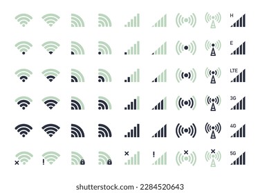 Smartphone wifi icons. Mobile phone indicators, no signal, 5G and LTE wifi signal strength levels flat vector illustration set