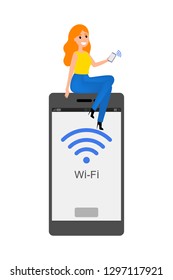 Smartphone with Wifi on it. Mobile phone with internet connection. Idea of modern technology and wireless device. Hotspot and website access. Flat vector illustration