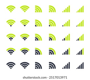 Ícones de sinal wifi do smartphone. Indicadores Wi-Fi, telefone celular 5G e LTE wifi níveis de força de sinal conjunto de ilustração vetor plano. Sinais de sinal de rede wifi