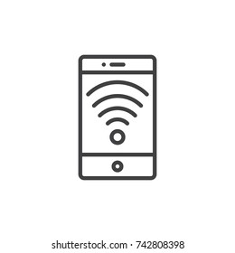 Smartphone with wi-fi wireless network line icon, outline vector sign, linear style pictogram isolated on white. Mobile signal symbol, logo illustration. Editable stroke