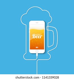 A smartphone with a wire forming a silhouette of a mug of beer. On the screen of the phone is a light beer with bubbles and foam. Mobile beer. Vector illustration.