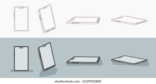 Smartphone-Drahtmodell und isometrisches Illustrationssatz im Minimalstil