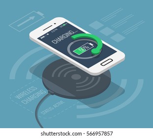 Smartphone wireless charging in isometric flat design style on colored background, vector infographic concept illustration, eps10.
