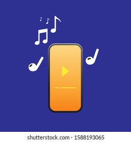 Smartphone with wireless earphone and music note in flat icon