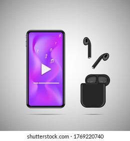 Smartphone with wireless earphone and music note.