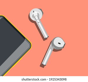 Smartphone with wireless earphones from top view on light red background. Closeup view gadgets vector illustration.