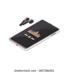 Smartphone and wireless headphones. Isometric vector illustration. Music, online podcasting, radio.