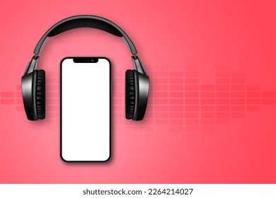 Smartphone and wireless headphones on pink background with copy space. EPS10 vector