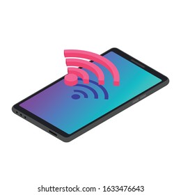 Smartphone wireless Internet connection isometric color vector illustration. Wifi signal, modern telecommunication. Mobile phone with Wi fi access 3d concept isolated on white background
