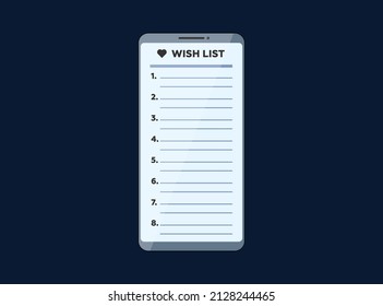 Smartphone with wish list app on display screen. Vector online wishlist mobile phone application illustration. User phone interface empty form eps design