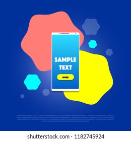 Smartphone without frames big screen on a blue gradient background with yellow pink blue figures on the background and a yellow button on the screen. Vector EPS